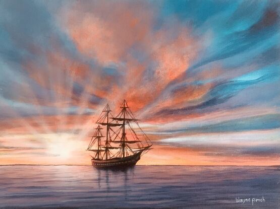 A n electric moment of  beautiful oldFrigate tall ship silhouetted by a dramatic sunset  of reds and oranges with hues of purple soft clouds running through bursting sun rays with a calm glassy ocean in foreground full of purple and blue hues 