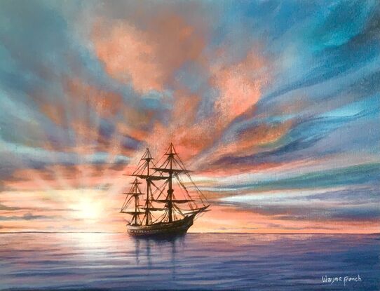 A n electric moment of  beautiful oldFrigate tall ship silhouetted by a dramatic sunset  of reds and oranges with hues of purple soft clouds running through bursting sun rays with a calm glassy ocean in foreground full of purple and blue hues 