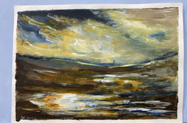 Dark and soulful sienna brown and raw umber meet rich ochre and the deep blue of the sea with tumultuous clouds overhead. Touched of white foam and golden light bathe the shore. An early morning dawn with the promise of a new day.  Completely influenced by the magical works and colours of Turner landscapes. 