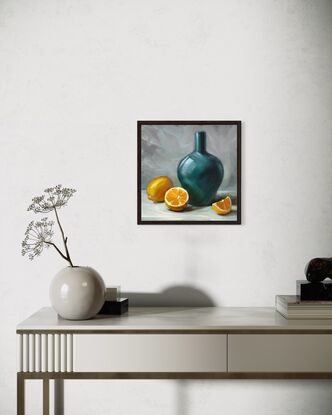 Original painting on board.  Emerald vase and oranges on the table. Still life