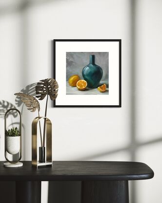 Original painting on board.  Emerald vase and oranges on the table. Still life