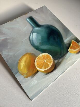 Original painting on board.  Emerald vase and oranges on the table. Still life