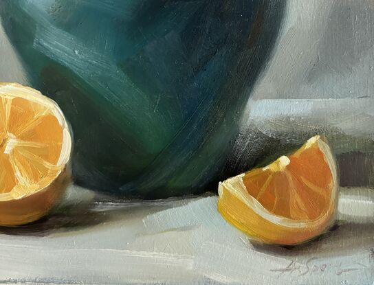 Original painting on board.  Emerald vase and oranges on the table. Still life