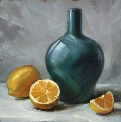 Original painting on board.  Emerald vase and oranges on the table. Still life