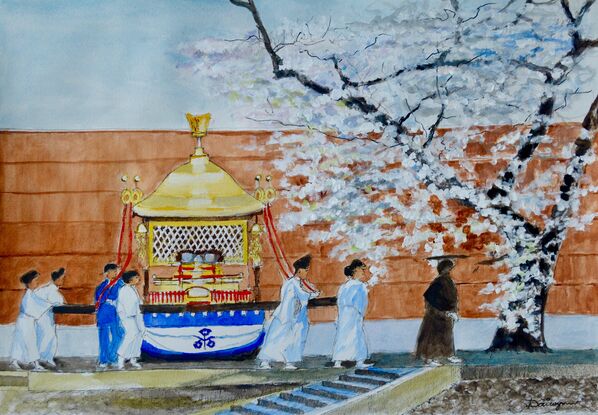 Cherry blossom and gold/blue shrine with devotees in white.