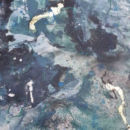 a large abstract landscape of sea weed and rockpools in shades of green, black, grey and gold