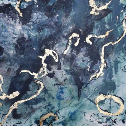 a large abstract landscape of sea weed and rockpools in shades of green, black, grey and gold