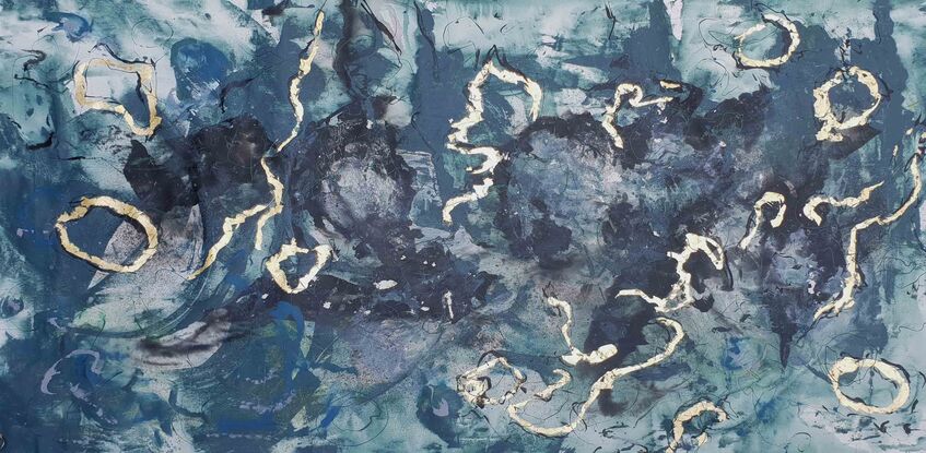 a large abstract landscape of sea weed and rockpools in shades of green, black, grey and gold