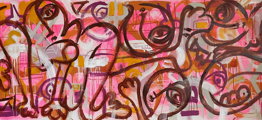 its a mix of abstract figures interlacing with one another in rich pinks and oranges