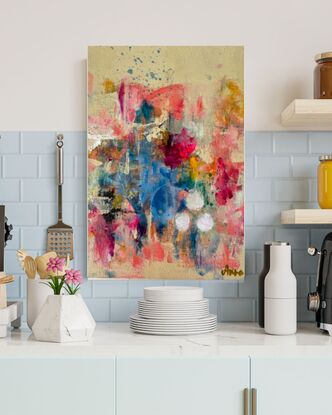 bright and bold abstract artwork on canvas on a sandy coloured background with pops of colour great for any space