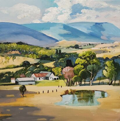 Rural Australian Landscape depicting a pond in the foreground,  rolling hills in the background.