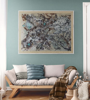 swirling movement of turquoise,  gold, earth tones in abstract forms from above.