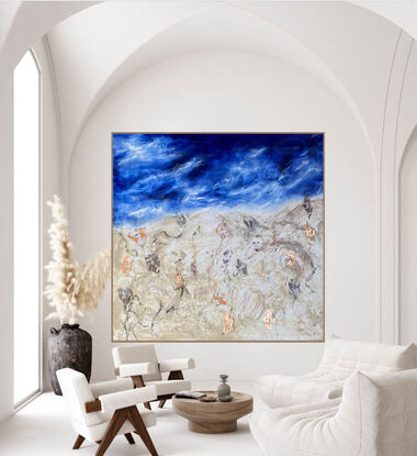 A huge abstract painting of a desert and wild flowers with dark blue sky