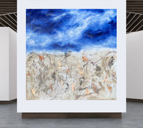 A huge abstract painting of a desert and wild flowers with dark blue sky