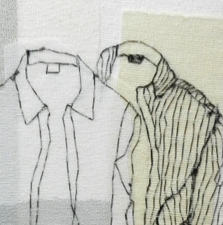 A white shirt and a striped shirt depicted in black thread with grey background on the left.