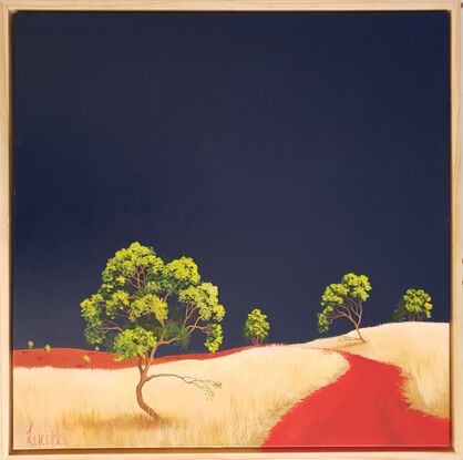 Australian landscape with dark blue sky and gold and beige highlighted hills and foreground, an orange red road leads out of the painting with trees scattered throughout,  Lucinda Leveille, original artwork, framed, Australiana