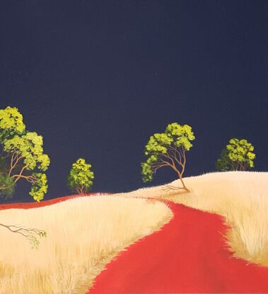 Australian landscape with dark blue sky and gold and beige highlighted hills and foreground, an orange red road leads out of the painting with trees scattered throughout,  Lucinda Leveille, original artwork, framed, Australiana