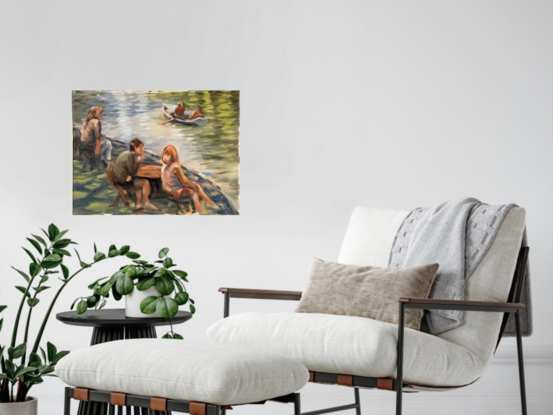 This impressionistic painting portrays a group of individuals savoring quiet moments by a river. The soft brushstrokes and dappled light create an atmosphere of warmth and calmness, highlighting nature’s role as a backdrop for human restfulness and interaction.