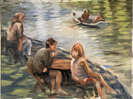 This impressionistic painting portrays a group of individuals savoring quiet moments by a river. The soft brushstrokes and dappled light create an atmosphere of warmth and calmness, highlighting nature’s role as a backdrop for human restfulness and interaction.