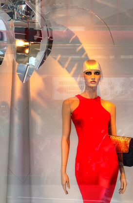 Mannequins in window of London fashion house