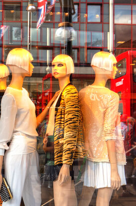 Mannequins in window of London fashion house