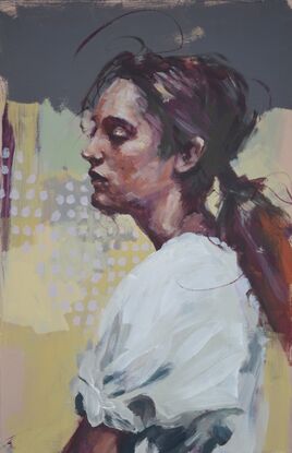 An expressive painting of a young woman, profile view, painted on thick wood composite board, ready to hang with wire fastened to the back.