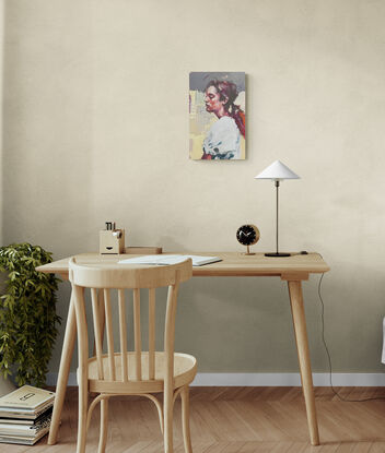 An expressive painting of a young woman, profile view, painted on thick wood composite board, ready to hang with wire fastened to the back.