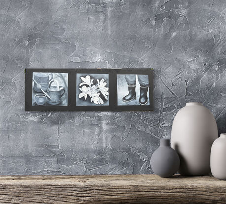 A painting ready to hang.  Black and White theme of a day in the garden. Sides are painted black.
 A triptych within one canvas.