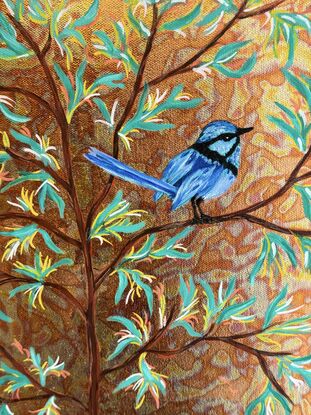 Splendid fairy wren  in golden bush 
Acrylic on metal leaf slightly varnished and already framed with a natural wood tainted with burnished copper .There is a magical effect with the metal leaf when the light is shining.
Better in live than the photos .I hope someone will have a crush on this painting!
Each painting is provided with a certificate of authenticity and wrapped securely with bubble layers and thick cardboard.