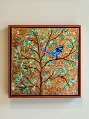 Splendid fairy wren  in golden bush 
Acrylic on metal leaf slightly varnished and already framed with a natural wood tainted with burnished copper .There is a magical effect with the metal leaf when the light is shining.
Better in live than the photos .I hope someone will have a crush on this painting!
Each painting is provided with a certificate of authenticity and wrapped securely with bubble layers and thick cardboard.