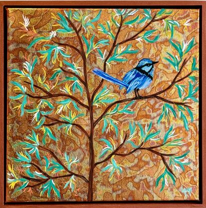 Splendid fairy wren  in golden bush 
Acrylic on metal leaf slightly varnished and already framed with a natural wood tainted with burnished copper .There is a magical effect with the metal leaf when the light is shining.
Better in live than the photos .I hope someone will have a crush on this painting!
Each painting is provided with a certificate of authenticity and wrapped securely with bubble layers and thick cardboard.