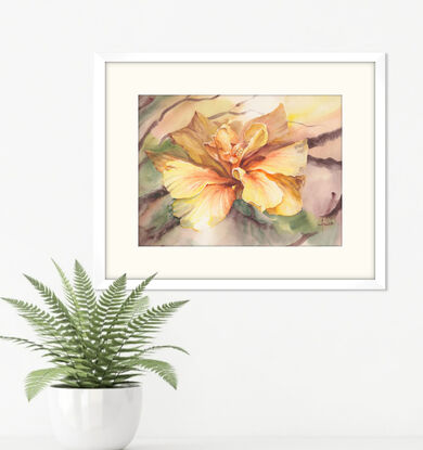 A solitary large Double-yellow Hibiscus taking up most of the paper with a moody background