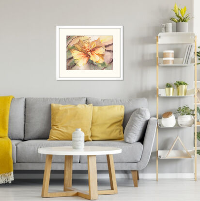 A solitary large Double-yellow Hibiscus taking up most of the paper with a moody background