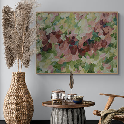 large pink and green impressionist original painting of nature in a minimal abstract style