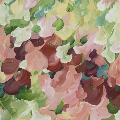 large pink and green impressionist original painting of nature in a minimal abstract style