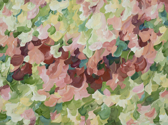 large pink and green impressionist original painting of nature in a minimal abstract style