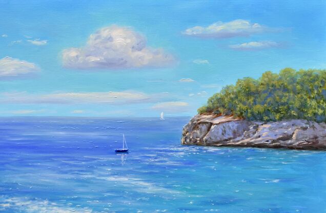 Landscape painting with calm blue sea and sailboats