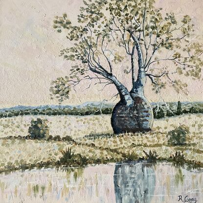 Bottle or boab tree in a rural setting with a light pink sky near a waterhole, with reflections in water. 