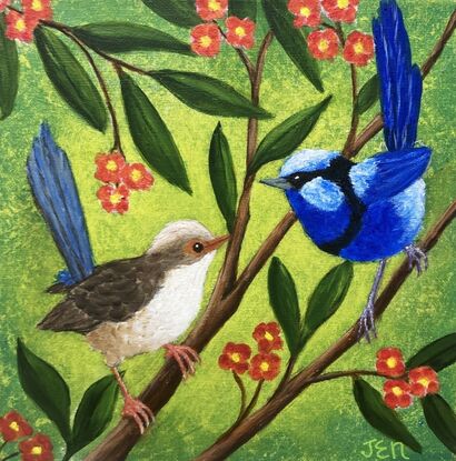 Two blue wrens, a male and a female, sitting in a tree surrounded by leaves and orange flowers. The background is a yellow-greenish colour which contrasts nicely with the blue of the birds and the orange flowers. The colour is wrapped around the sides of the canvas.