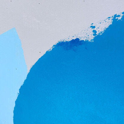 Large abstract of textured acrylic paint on a weathered ground of blue tones against an egg shell gray.