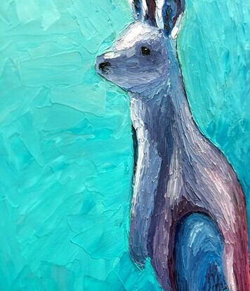 A textured oil painting of an Australian joey Wallaby painted in blues, purples and maroon.