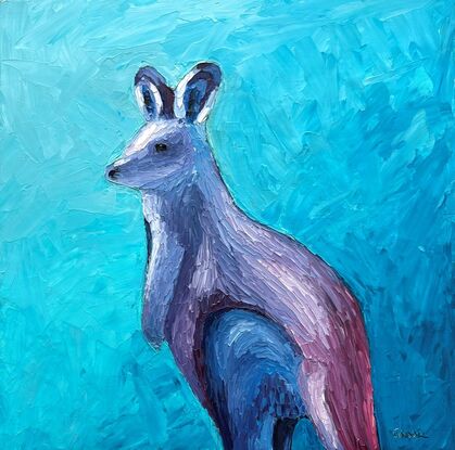 A textured oil painting of an Australian joey Wallaby painted in blues, purples and maroon.