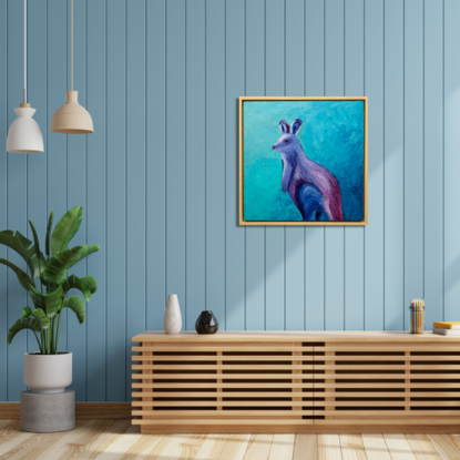 A textured oil painting of an Australian joey Wallaby painted in blues, purples and maroon.