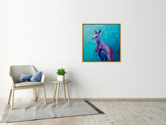 A textured oil painting of an Australian joey Wallaby painted in blues, purples and maroon.