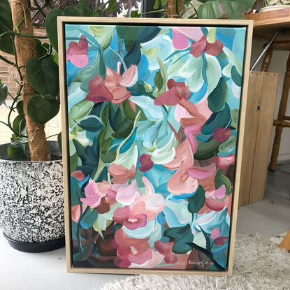 small modern abstract botanical painting of abstract impressionist style flower garden in pinks, teals and greens