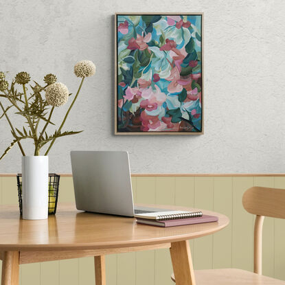 small modern abstract botanical painting of abstract impressionist style flower garden in pinks, teals and greens