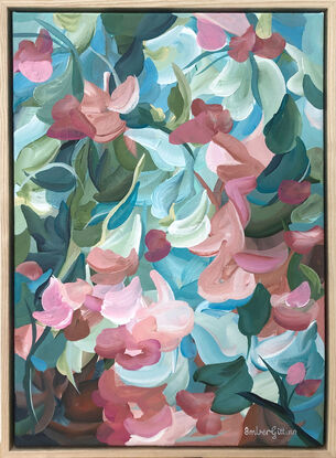 small modern abstract botanical painting of abstract impressionist style flower garden in pinks, teals and greens