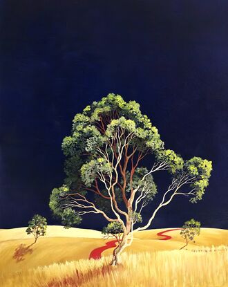 Australian landscape with dark blue sky and gold and beige highlighted hills and foreground, an orange red road leads out of the painting with trees scattered throughout,  Lucinda Leveille, original artwork,  Australiana, large landscape