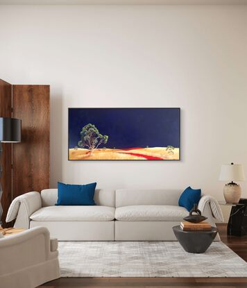 Australian landscape with dark blue sky and gold and beige highlighted hills and foreground, an orange red road leads out of the painting with trees scattered throughout,  Lucinda Leveille, original artwork,  Australiana, large landscape