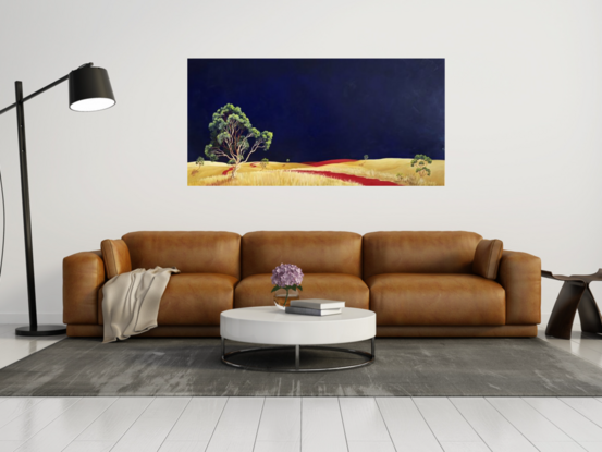 Australian landscape with dark blue sky and gold and beige highlighted hills and foreground, an orange red road leads out of the painting with trees scattered throughout,  Lucinda Leveille, original artwork,  Australiana, large landscape